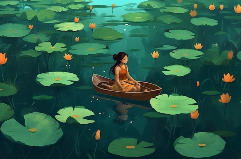 宁静绿色凉爽夏天夏至池塘荷花绽放盛开荷叶女孩划木船沉思插画,插画/手绘图,插画/手绘图库,插画/手绘图下载,插画/手绘